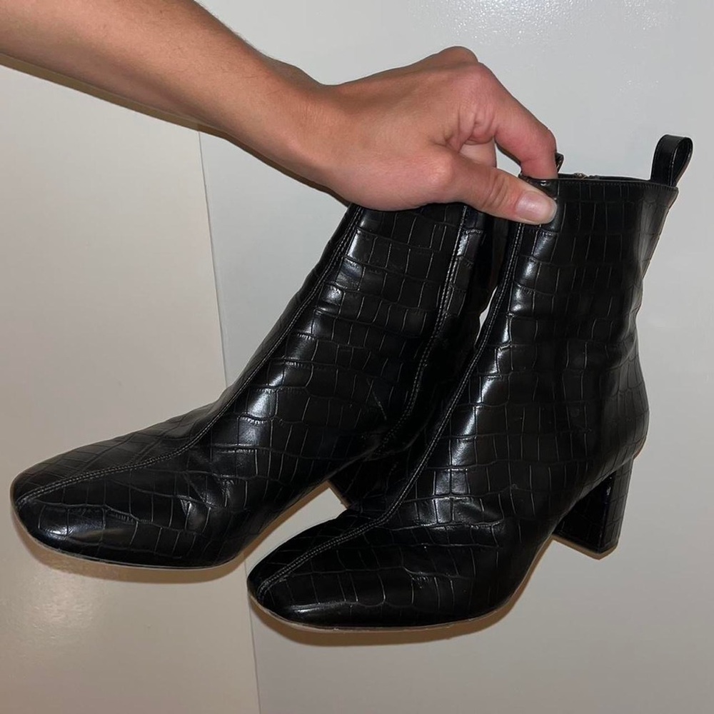 faux snakeskin boots.